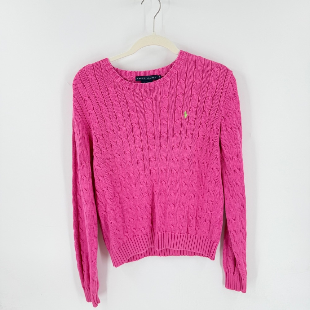 Ralph Lauren Pink Cable Knit Sweater XL Preppy Classic Cotton Old Money Vibrant